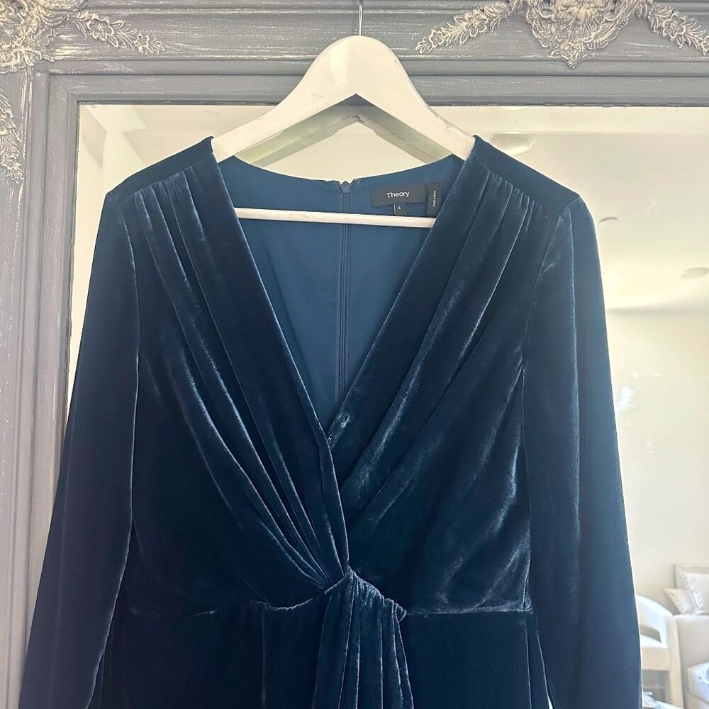 Theory Melessa Glossed Deep Teal Silk Velvet Drape Dress Size 6 - Picture 3 of 9